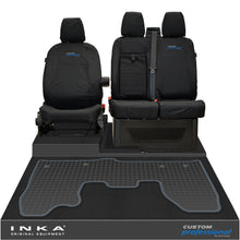 Load image into Gallery viewer, Ford Transit Custom INKA Front 1+2 Tailored Waterproof Seat Covers & Tailored Rubber Mat Black MY-12-23 (Choice of 7 Colours) - Custom Professional Embroidery