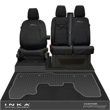 Load image into Gallery viewer, Ford Transit Custom INKA Front 1+2 Tailored Waterproof Seat Covers & Tailored Rubber Mat Black MY-12-23 (Choice of 7 Colours) - Custom Professional Embroidery