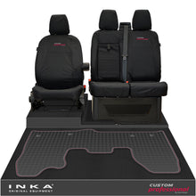 Load image into Gallery viewer, Ford Transit Custom INKA Front 1+2 Tailored Waterproof Seat Covers & Tailored Rubber Mat Black MY-12-23 (Choice of 7 Colours) - Custom Professional Embroidery