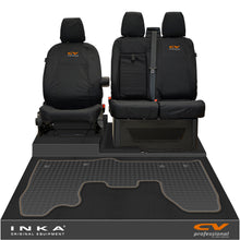 Load image into Gallery viewer, Ford Transit Custom INKA Front 1+2 Tailored Waterproof Seat Covers & Tailored Rubber Mat Black MY-12-23 (Choice of 7 Colours) - CV Professional Embroidery