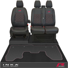 Load image into Gallery viewer, Ford Transit Custom MK1 Front 1+2 Bentley Diamond Quilt Leatherette Tailored Seat Covers & Tailored Rubber Mat Black MY-12-23 (Choice of 7 Colours) - R-SPORT Embroidery