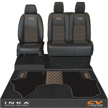 Load image into Gallery viewer, Mercedes Benz Sprinter Front 1+2 Bentley Leatherette Tailored Seat Covers & Matching Tailored Floor Mat Black MY-2018> (7 Colours) - CV Racing Embroidery