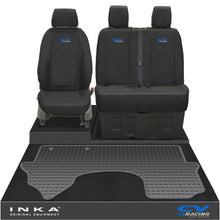 Load image into Gallery viewer, New Mercedes Benz Sprinter INKA Front 1+2 Tailored Waterproof Seat Covers & Tailored Rubber Mat Black MY18 To Present - CV Racing Embroidery