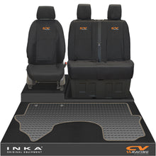 Load image into Gallery viewer, New Mercedes Benz Sprinter INKA Front 1+2 Tailored Waterproof Seat Covers & Tailored Rubber Mat Black MY18 To Present - CV Racing Embroidery