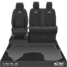 Load image into Gallery viewer, New Mercedes Benz Sprinter INKA Front 1+2 Tailored Waterproof Seat Covers & Tailored Rubber Mat Black MY18 To Present - CV Racing Embroidery