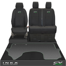 Load image into Gallery viewer, New Mercedes Benz Sprinter INKA Front 1+2 Tailored Waterproof Seat Covers & Tailored Rubber Mat Black MY18 To Present - CV Sport Embroidery