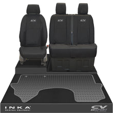 Load image into Gallery viewer, New Mercedes Benz Sprinter INKA Front 1+2 Tailored Waterproof Seat Covers & Tailored Rubber Mat Black MY18 To Present - CV Sport Embroidery