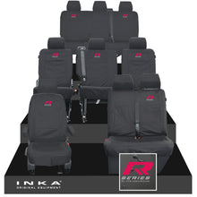 Load image into Gallery viewer, VW Transporter Shuttle T6.1, T6 Full Set Tailored Waterproof Seat Covers Black MY 15-23 - R-Series Embroidery