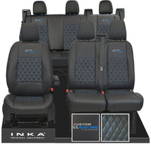 Load image into Gallery viewer, Ford Transit Custom Racing Embroidery INKA Front 1+2 & Rear Triple Tailored Leatherette Bentley Diamond Quilt Seat Covers Black MY12-23