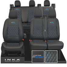 Load image into Gallery viewer, Ford Transit Custom Sport Embroidery INKA Front 1+2 & Rear Triple Tailored Leatherette Bentley Diamond Quilt Seat Covers Black MY12-23