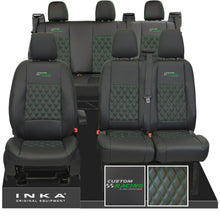 Load image into Gallery viewer, Ford Transit Custom Racing Embroidery INKA Front 1+2 & Rear Triple Tailored Leatherette Bentley Diamond Quilt Seat Covers Black MY12-23