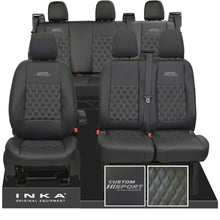 Load image into Gallery viewer, Ford Transit Custom Racing Embroidery INKA Front 1+2 & Rear Triple Tailored Leatherette Bentley Diamond Quilt Seat Covers Black MY12-23