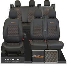 Load image into Gallery viewer, Ford Transit Custom Racing Embroidery INKA Front 1+2 & Rear Triple Tailored Leatherette Bentley Diamond Quilt Seat Covers Black MY12-23