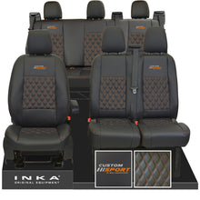 Load image into Gallery viewer, Ford Transit Custom Sport Embroidery INKA Front 1+2 & Rear Triple Tailored Leatherette Bentley Diamond Quilt Seat Covers Black MY12-23
