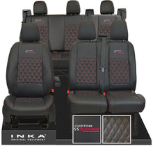 Load image into Gallery viewer, Ford Transit Custom Racing Embroidery INKA Front 1+2 & Rear Triple Tailored Leatherette Bentley Diamond Quilt Seat Covers Black MY12-23