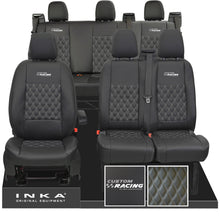 Load image into Gallery viewer, Ford Transit Custom Racing Embroidery INKA Front 1+2 & Rear Triple Tailored Leatherette Bentley Diamond Quilt Seat Covers Black MY12-23