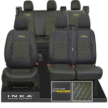 Load image into Gallery viewer, Ford Transit Custom Racing Embroidery INKA Front 1+2 & Rear Triple Tailored Leatherette Bentley Diamond Quilt Seat Covers Black MY12-23