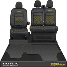 Load image into Gallery viewer, All New Ford Transit Custom Front 1+2 Bentley Diamond Quilt Leatherette Tailored Seat Covers & Tailored Rubber Mat Black MY-2024 (Choice of 7 Colours) - Custom Professional Embroidery
