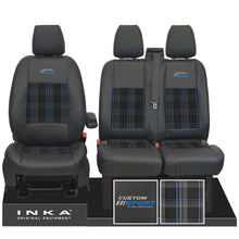 Load image into Gallery viewer, Inka Custom Sport Front 1+2 Tailored Leather Look Seat Covers in Tartan. Fits Ford Transit Custom 2012-2023