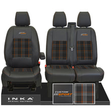 Load image into Gallery viewer, Inka Custom Sport Front 1+2 Tailored Leather Look Seat Covers in Tartan. Fits Ford Transit Custom 2012-2023