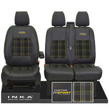 Load image into Gallery viewer, Inka Custom Sport Front 1+2 Tailored Leather Look Seat Covers in Tartan. Fits Ford Transit Custom 2012-2023