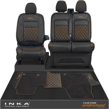 Load image into Gallery viewer, All New Ford Transit Custom Front 1+2 Bentley Leatherette Tailored Seat Covers & Matching Tailored Floor Mat Black MY-2024> (7 Colours)