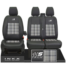 Load image into Gallery viewer, Ford Transit Custom 12-23 Inka S-Tech Front 1+2 Second Skin Tailored Leather Look Seat Covers With Tartan.
