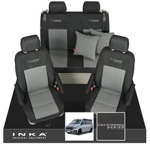Load image into Gallery viewer, VW California T6.1, T6, T5.1, T5 Ocean, Coast, Beach, SE, Surf INKA Tailored Front & Rear Seat Covers Set Second Skin Black With Grey Vision centres With Embroidery MY14 Onwards