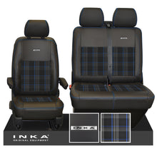 Load image into Gallery viewer, New VW Transporter T6.1, T6, T5.1 Front 1+2 INKA Steel Badge Leatherette Tartan Tailored Seat Covers Black Fits Panel Van & Kombi