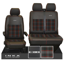 Load image into Gallery viewer, New VW Transporter T6.1, T6, T5.1 Front 1+2 INKA Steel Badge Leatherette Tartan Tailored Seat Covers Black Fits Panel Van & Kombi