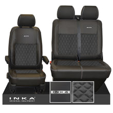 Load image into Gallery viewer, VW Transporter T6.1, T6, T5.1 Front 1+2 INKA Steel Badge Leatherette Suedetara Tailored Seat Covers Black Fits Panel Van & Kombi