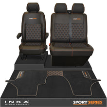 Load image into Gallery viewer, New VW Transporter T6.1, T6, T5.1 Front 1+2 Bentley Diamond Quilt Tailored Leatherette Seat Covers & Matching Tailored Floor Mat Black