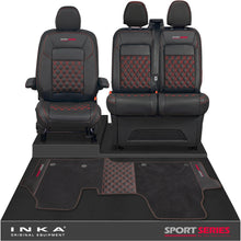 Load image into Gallery viewer, New VW Transporter T7 Panel Van INKA Front Bentley Leatherette Tailored Seat Covers & Matching Tailored Floor Mat Black MY25 Onwards