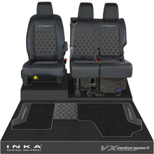 Load image into Gallery viewer, Vauxhall Vivaro MK3 Front 1+2 Bentley Leatherette Tailored Seat Covers & Matching Tailored Floor Mat Black MY19 Onwards