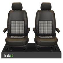 Load image into Gallery viewer, INKA Tailored VW Transporter T6, T6.1 & T5.1 Front Seat Covers Black 1+1 Matt Leatherette with coloured GTi Tartan Centres Fits Panel Van & Kombi