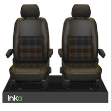 Load image into Gallery viewer, INKA Tailored VW Transporter T6, T6.1 & T5.1 Front Seat Covers Black 1+1 Matt Leatherette with coloured GTi Tartan Centres Fits Panel Van & Kombi