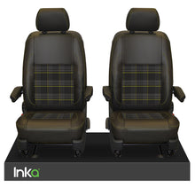 Load image into Gallery viewer, INKA Tailored VW Transporter T6, T6.1 & T5.1 Front Seat Covers Black 1+1 Matt Leatherette with coloured GTi Tartan Centres Fits Panel Van & Kombi