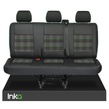 Load image into Gallery viewer, VW Transporter T6,T5 Rear Triple Seat Covers Black Matt Leatherette with coloured GTi Tartan Centres