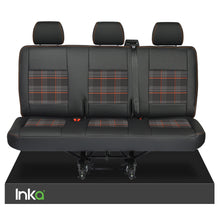 Load image into Gallery viewer, VW Transporter T6,T5 Rear Triple Seat Covers Black Matt Leatherette with coloured GTi Tartan Centres