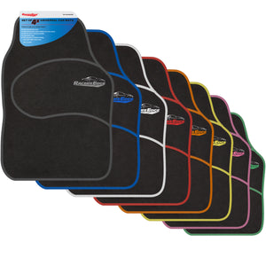 Racers Edge Universal Car Mats 4pcs Black with Embroidered Logos & Piping, Anti Slip backing, Heel Pad & Durable Carpet