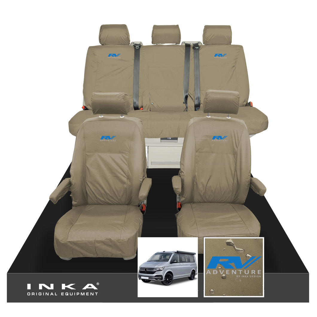 VW California Ocean/Coast/Beach/Surf Inka Fully Tailored Waterproof Seat Covers Beige Sand Front & Rear With ISOFIX Fits T6.1 ,T6,T5.1 all model years fits with and without airbags