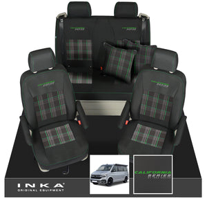 VW California T6.1, T6, T5.1, T5 Ocean, Coast, Beach, SE, Surf INKA Tailored Seat Covers Second Skin With GTi Tartan Centres & Embroidery