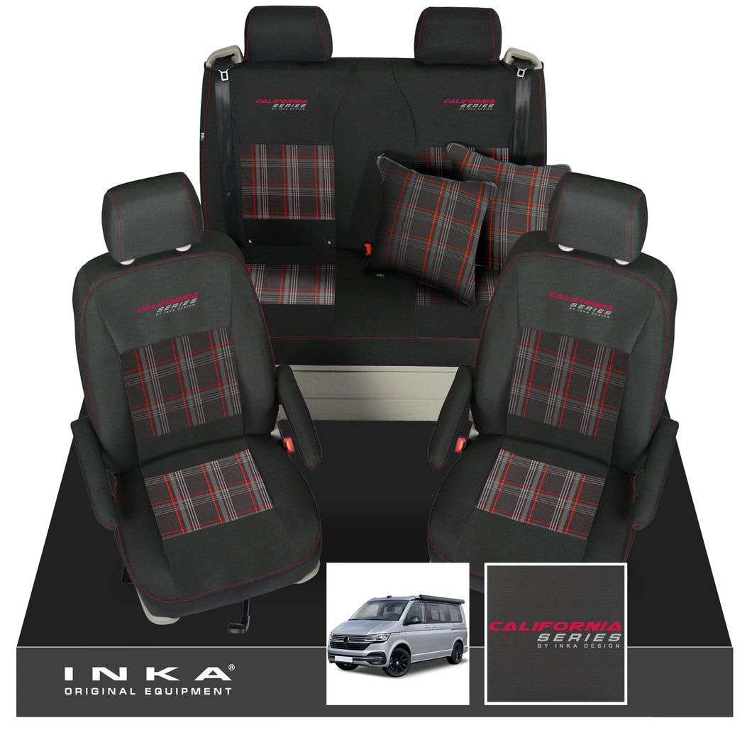 VW California T6.1, T6, T5.1, T5 Ocean, Coast, Beach, SE, Surf INKA Tailored Seat Covers Second Skin With GTi Tartan Centres & Embroidery