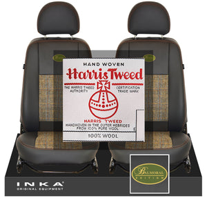 Land Rover Defender L316 INKA Front Pair Tailored Leatherette Seat Covers Ebony Black & Harris Tweed MY07-16 With Embroidery