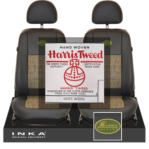 Land Rover Defender L316 INKA Front 1+1 Tailored Leatherette Seat Covers Ebony Black & Harris Tweed MY07-16 With Embroidery
