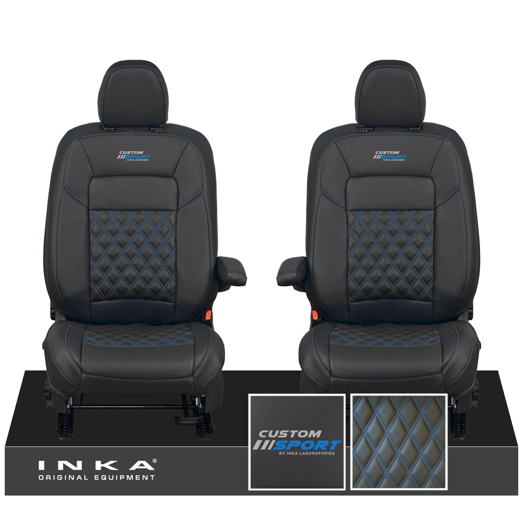 All New Ford Transit Custom Front 1+1 CUSTOM SPORT INKA Bentley Leatherette Tailored Seat Covers Black MY-2024 (Choice of 7 Colours)