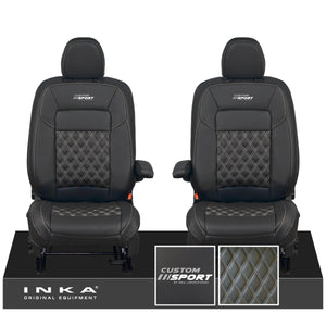 All New Ford Transit Custom Front 1+1 CUSTOM SPORT INKA Bentley Leatherette Tailored Seat Covers Black MY-2024 (Choice of 7 Colours)