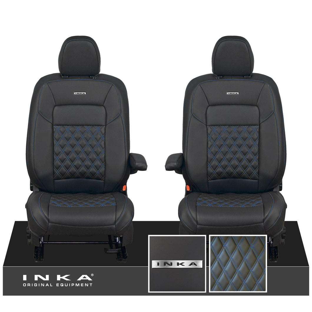 All New Ford Transit Custom Front 1+1 Steel Badge INKA Bentley Leatherette Tailored Seat Covers Black MY-2024 (Choice of 7 Colours)