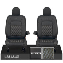 Load image into Gallery viewer, All New Ford Transit Custom Front 1+1 Steel Badge INKA Bentley Leatherette Tailored Seat Covers Black MY-2024 (Choice of 7 Colours)
