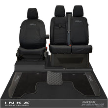 Load image into Gallery viewer, Ford Transit Custom MK1 Front 1+2 Tailored Waterproof Seat Covers &amp; Tailored Leatherette Floor Mat Black MY-12-23 (Choice of 7 Colours)- Custom Professional Embroidery
